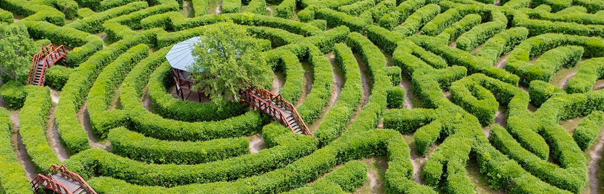 maze of hedges with a gazebo in the center and bridges going from one aisle to another
