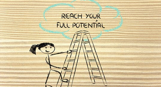 A stick figure woman climbs a ladder toward text: "Reach your full potential"