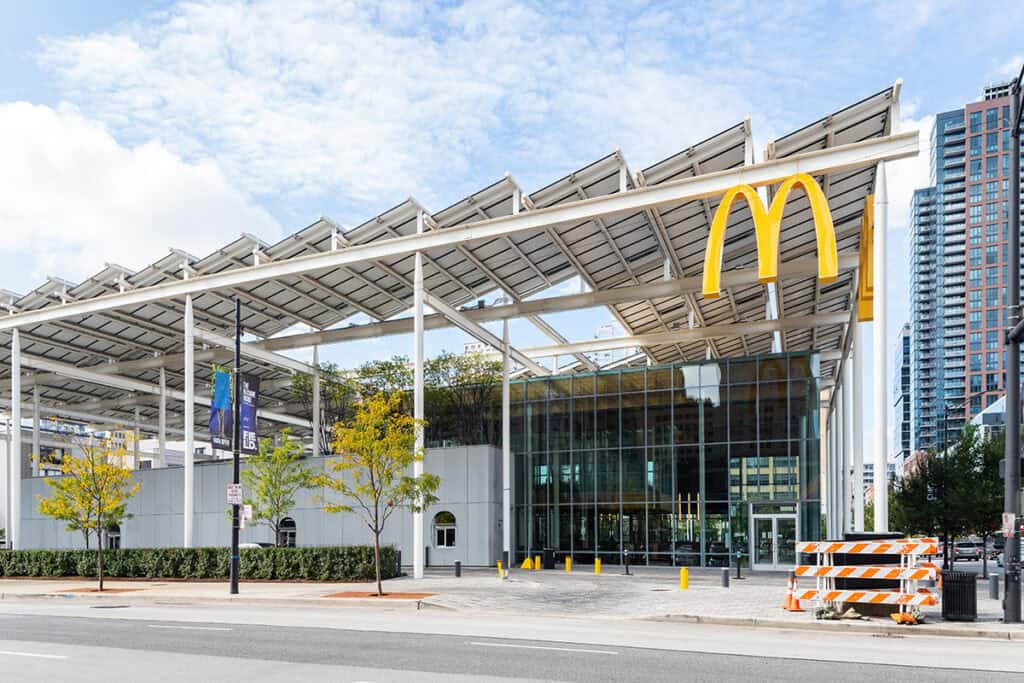 Branding: McDonalds arches are on a modern steel and glass building