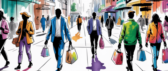 bold colorful ink and watercolor that illustrates the concept of a busy city sidewalk