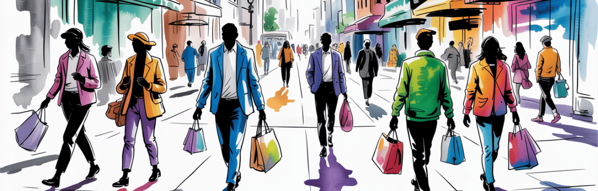 bold colorful ink and watercolor that illustrates the concept of a busy city sidewalk