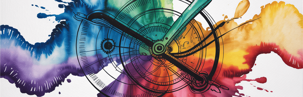 bold colorful ink and watercolor that illustrates the concept of clockworks