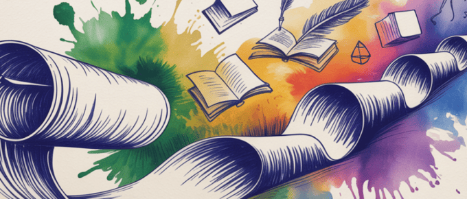 bold colorful ink and watercolor that illustrates the concept of longform content