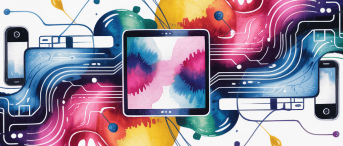bold colorful ink and watercolor that illustrates the concept of digital tools