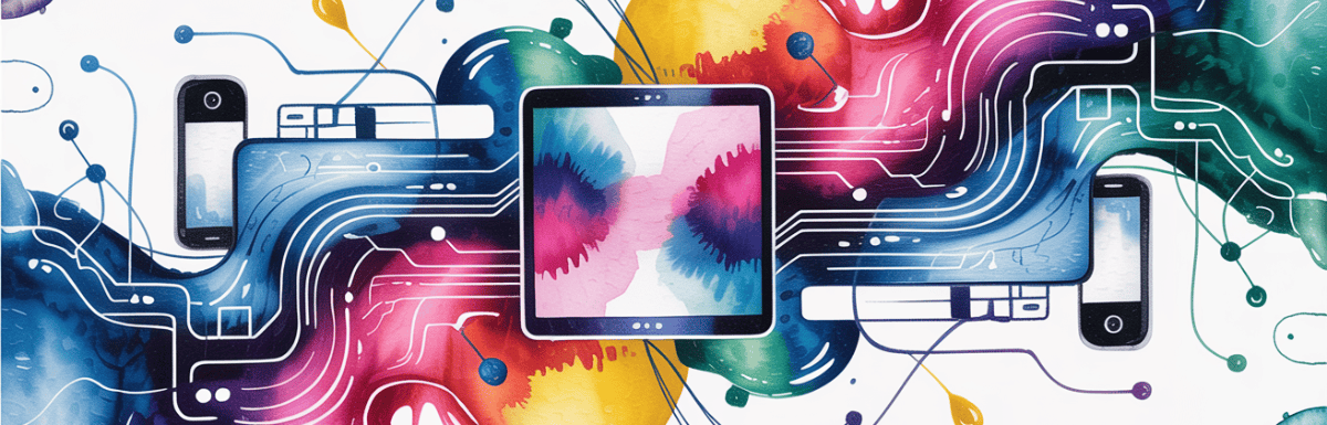 bold colorful ink and watercolor that illustrates the concept of digital tools