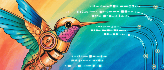 watercolor and ink depicting social media automation as a robot hummingbird