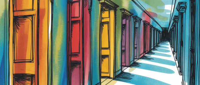 bold colorful ink and watercolor that illustrates a hallway with doors on both side