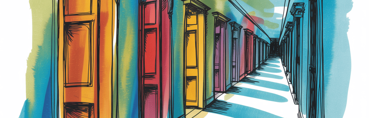 bold colorful ink and watercolor that illustrates a hallway with doors on both side
