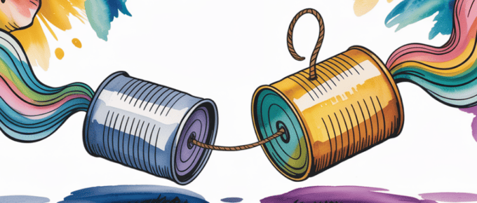 bold colorful ink and watercolor that illustrates the concept of tin can telephones