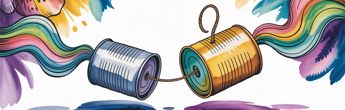 bold colorful ink and watercolor that illustrates the concept of tin can telephones