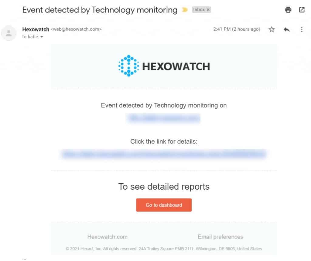 Hexowatch website monitoring: email alert