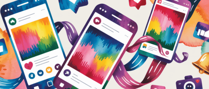 bold colorful ink and watercolor that illustrates the concept of social media posts