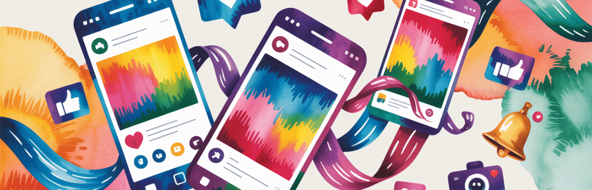 bold colorful ink and watercolor that illustrates the concept of social media posts