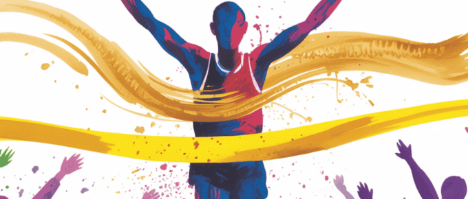 bold colorful ink and watercolor that illustrates the concept of finishing a marathon