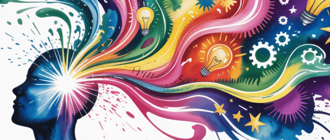 bold colorful ink and watercolor that illustrates the concept of coming up with brilliant ideas