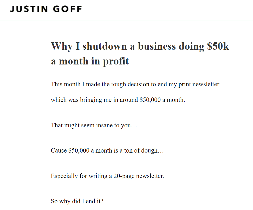 screenshot of Justin Goff blog post