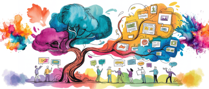 bold colorful ink and watercolor that illustrates the concept of content marketing