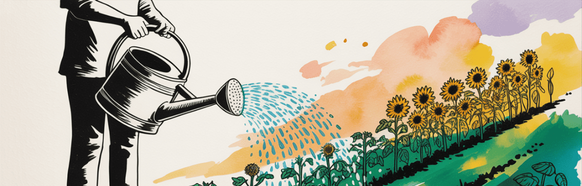bold colorful ink and watercolor that illustrates watering a garden
