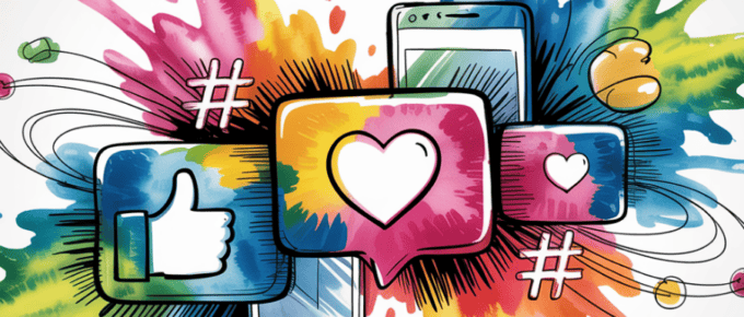 bold colorful ink and watercolor that illustrates the concept of marketing on social media