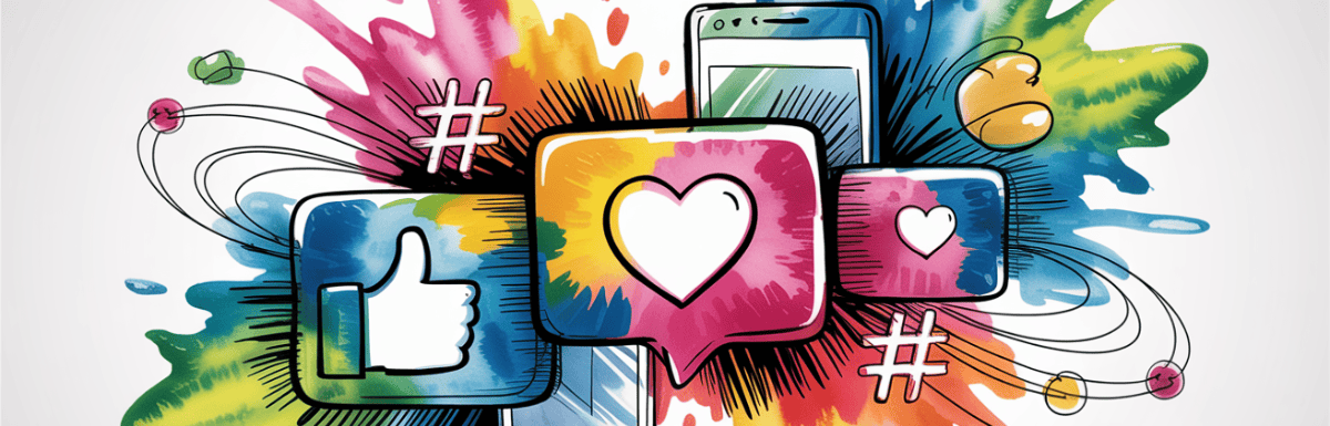 bold colorful ink and watercolor that illustrates the concept of marketing on social media