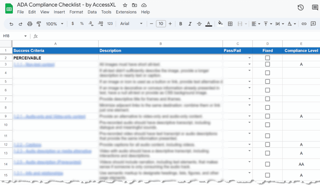 Screenshot of the ADA Compliance Checklist