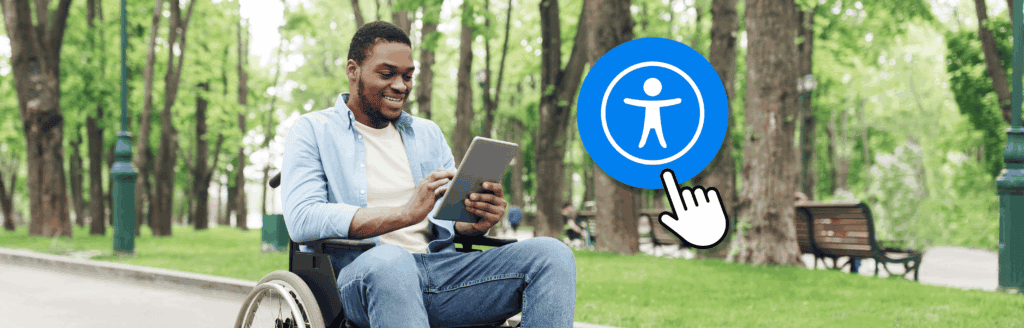 A man in a wheelchair scrolls through a tablet computer, tapping on the AccessXL widget icon.