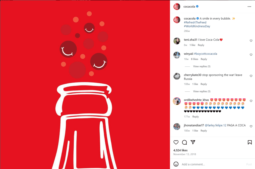 instagram post by coca-cola showing illustration of bottle with bubbles coming out of it