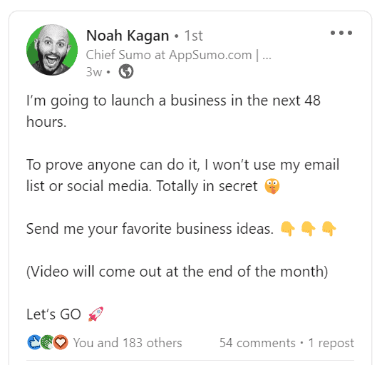 Noah's LinkedIn post announcing he'll launch a business in 48 hours - just to prove you can.