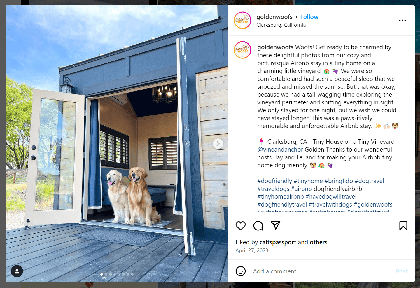 user generated post on Airbnb's Instagram account. It shows two dogs sitting in the open door of a blue cabin.
