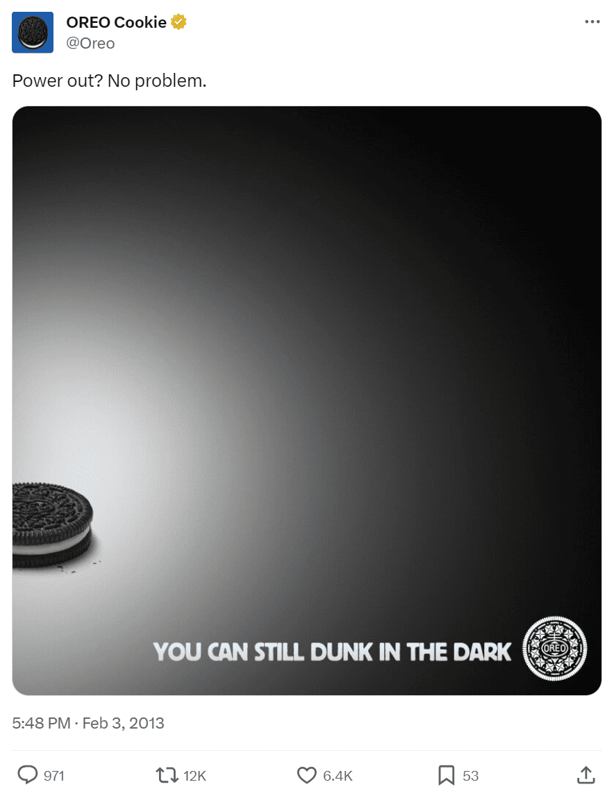 The tweet by Oreo. Its caption reads, "Power out? No problem."
