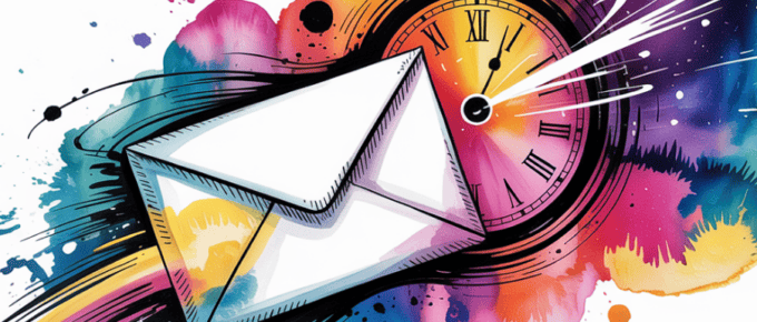 bold colorful ink and watercolor that illustrates the concept of an envelope traveling through time and space