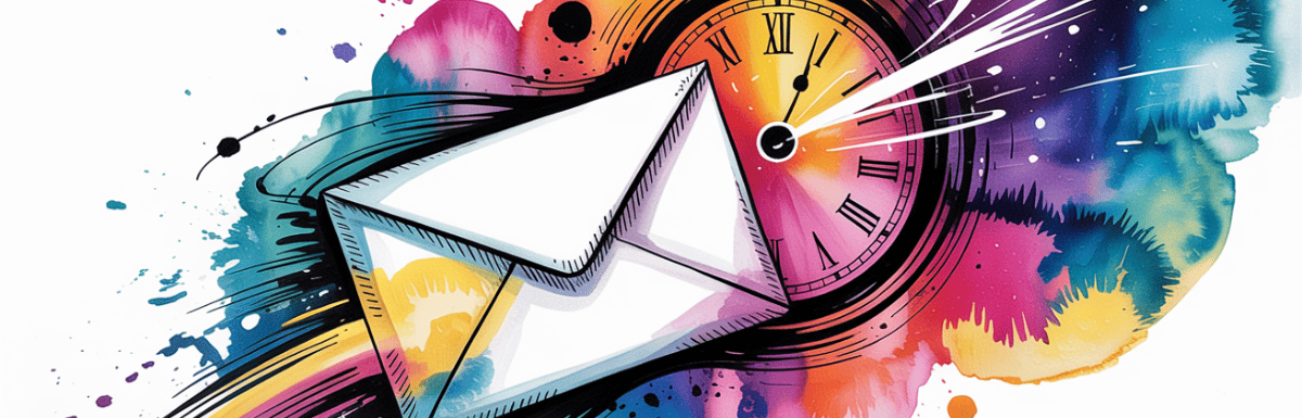 bold colorful ink and watercolor that illustrates the concept of an envelope traveling through time and space