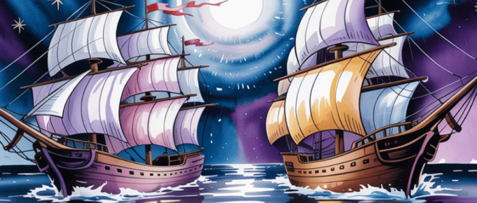 bold colorful ink and watercolor that illustrates two ships passing in the night