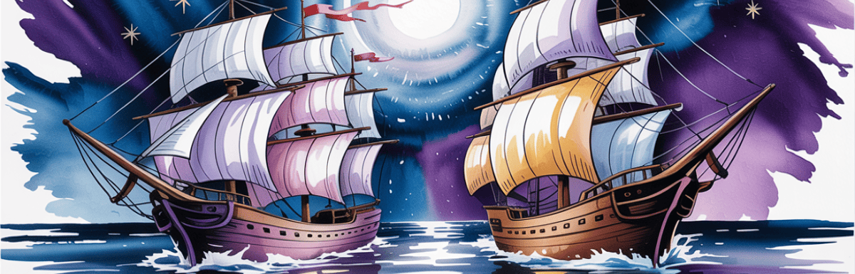 bold colorful ink and watercolor that illustrates two ships passing in the night