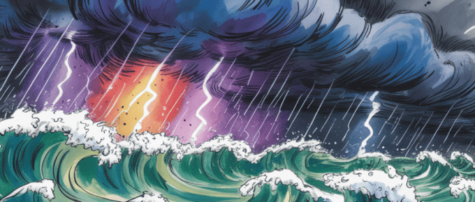 bold colorful ink and watercolor that illustrates the concept of the perfect storm