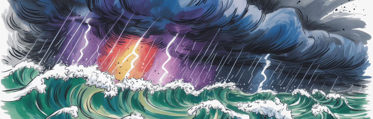 bold colorful ink and watercolor that illustrates the concept of the perfect storm