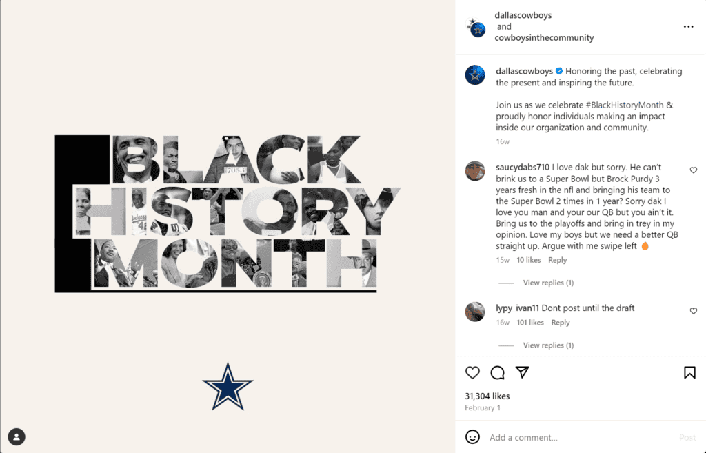 Instagram post by Dallas Cowboys celebrating Black History Month