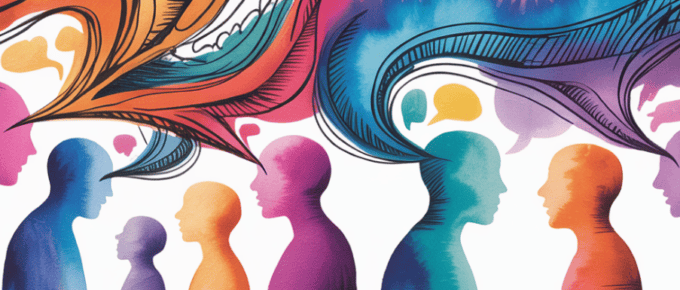 bold colorful ink and watercolor that illustrates the concept of word of mouth