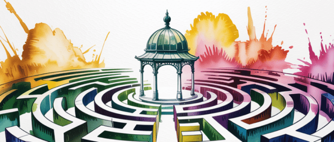 watercolor and ink of a gazebo in the center of a maze