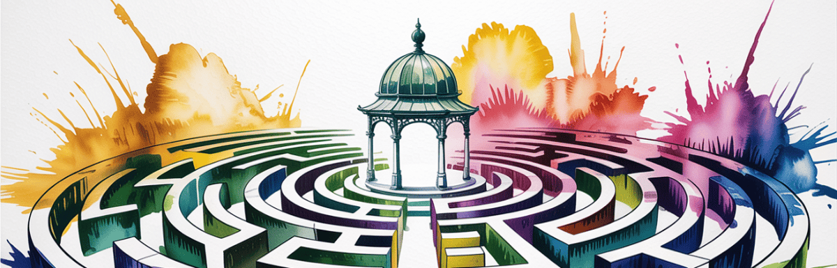 watercolor and ink of a gazebo in the center of a maze