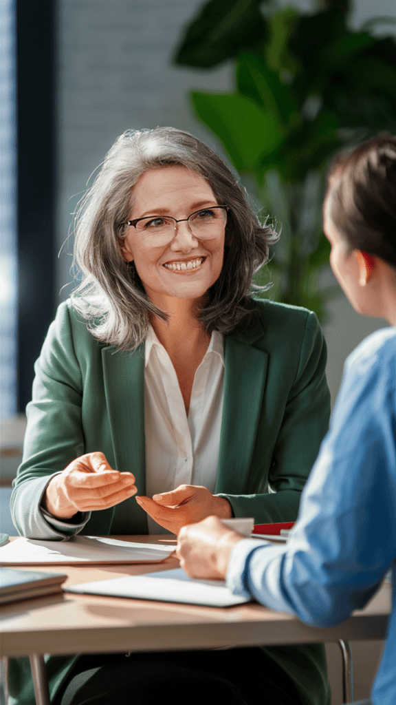 Kathryn consulting with a client over coffee