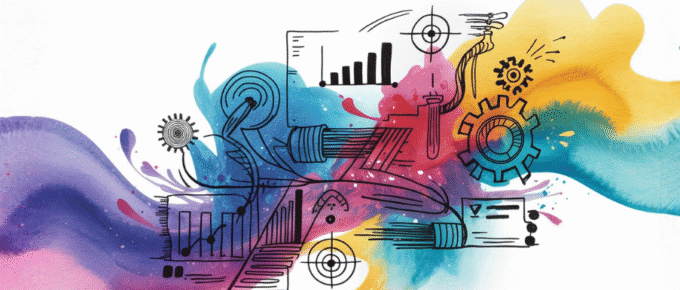 watercolor with ink details representing the best AI tools, including gears, graphs, and targets