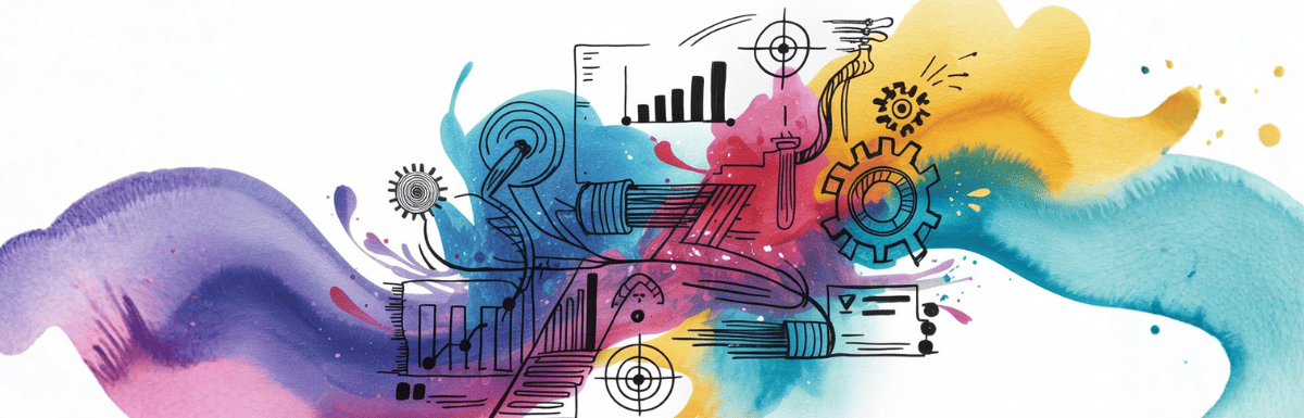 watercolor with ink details representing the best AI tools, including gears, graphs, and targets