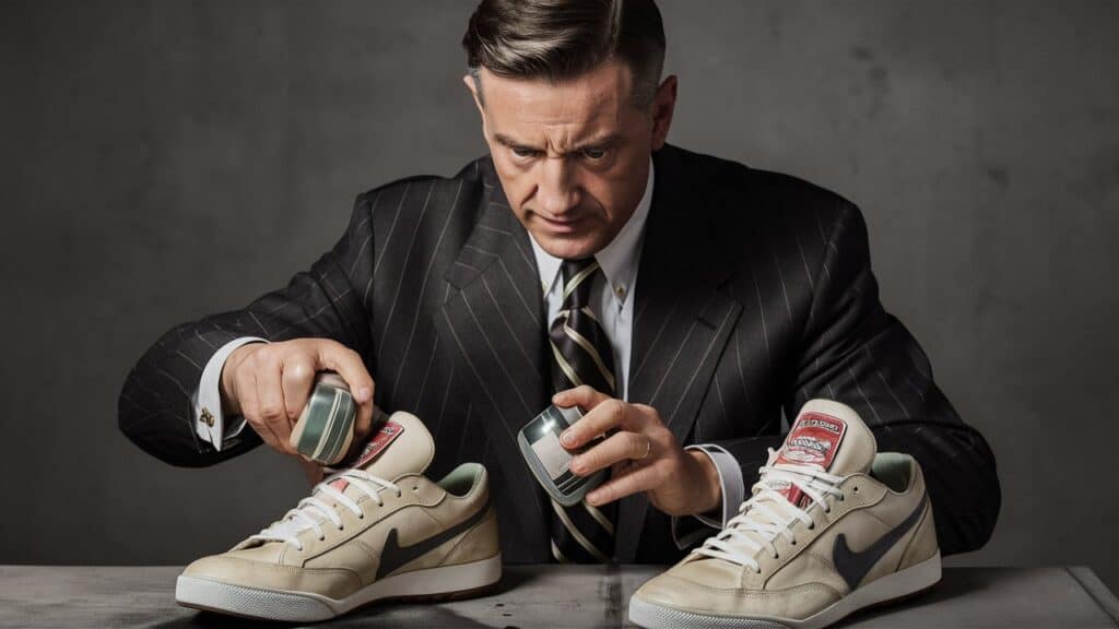 AI generated image of a man in a suit polishing his tennis shoes