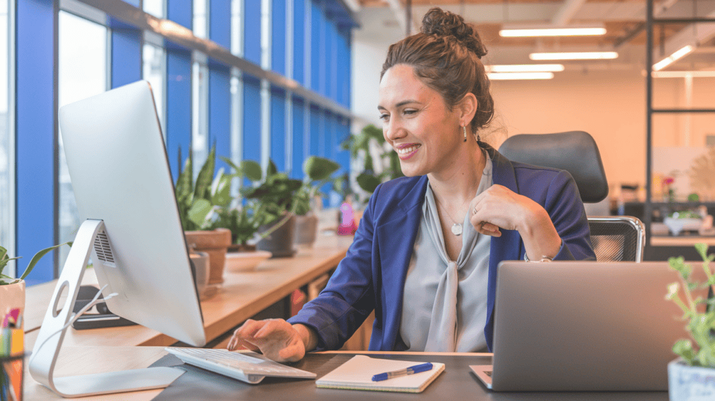 A photo of a CEO working furiously at her desk. On her desk, there's a laptop, a pen, and a notepad. The CEO is smiling as she focuses on her computer screen. She is pleased that her website is now driving measurable revenue. 