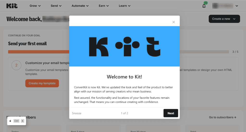 PLG example: Welcome to Kit! popup inside the app