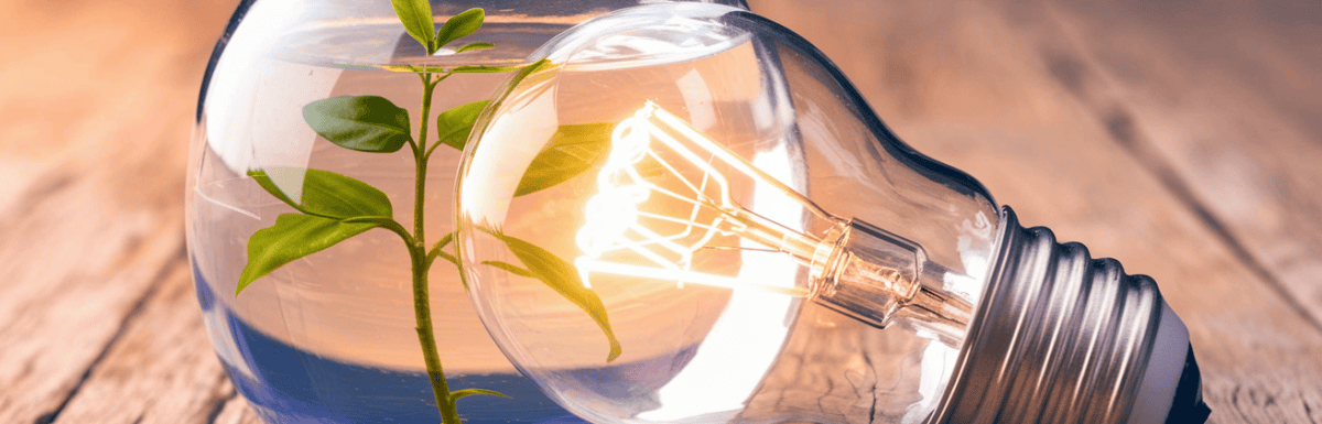 A creative visual representation of PLG content. There is a light bulb with a filament glowing brightly. The light bulb is inside a glass jar filled with water. There is a small plant growing inside the jar.