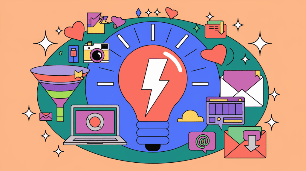 ABM services concept: a lightbulb with a lightning bolt going through it, surrounded by a circle. Inside the circle, there are various marketing tools such as a laptop, funnel, camera, a microphone, video, and email. There are also multiple stars and hearts around the circle. The background is teal.