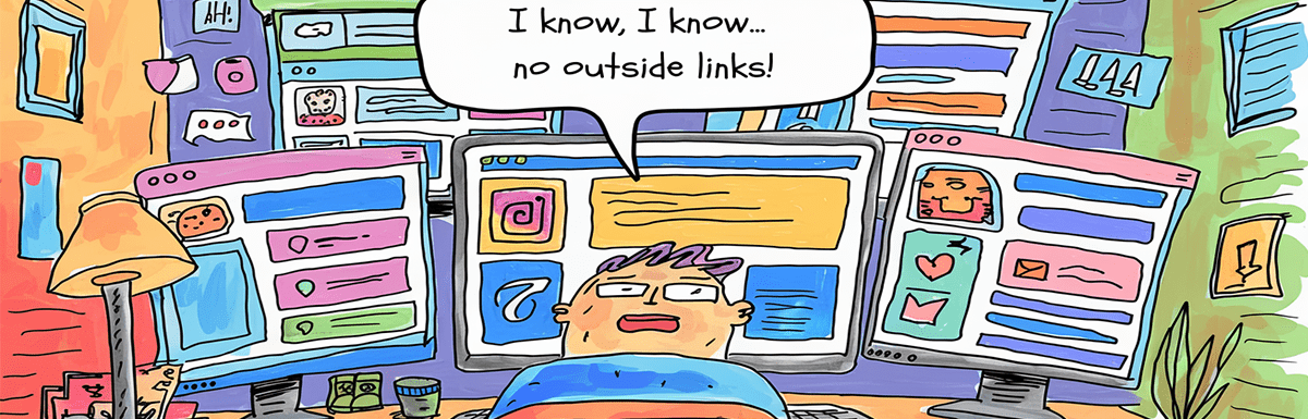 content creator sits in front of computer screens of social media sites saying, I know, I know, no outside links.