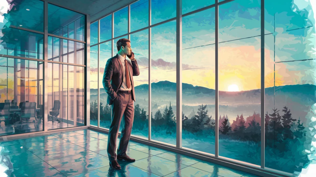 Executive coaching, as illustrated by an executive talking on the phone as he gazes at the sunrise outside his C-Suite office